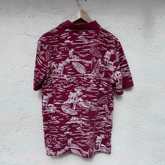 Lands’ End Maroon Hawaiian Print Polo Shirt Surf Palm Trees Men’s L - Picture 2 of 4